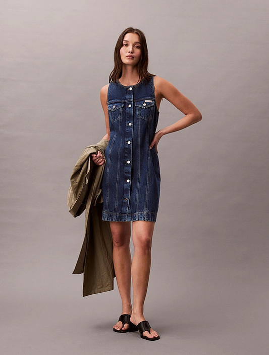 CALVIN KLEIN WHS SLVLS MINI TRUCKER DRESS