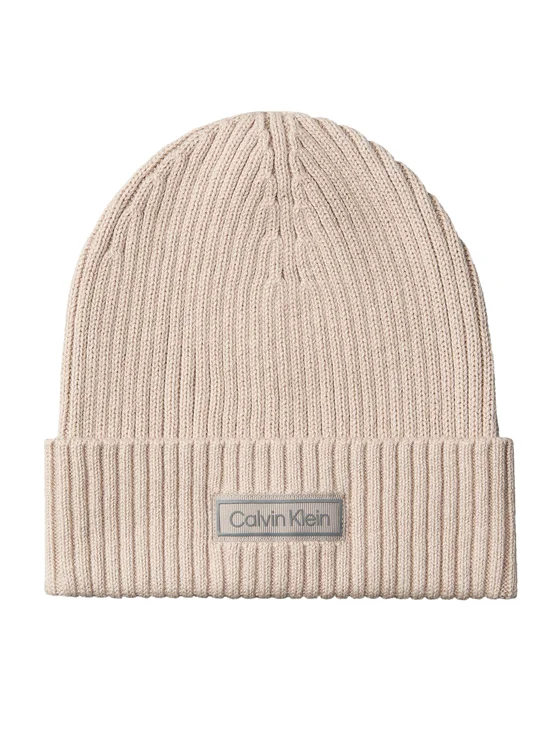 CALVIN KLEIN PATCH CHUNKY RIB COTTON BEANIE