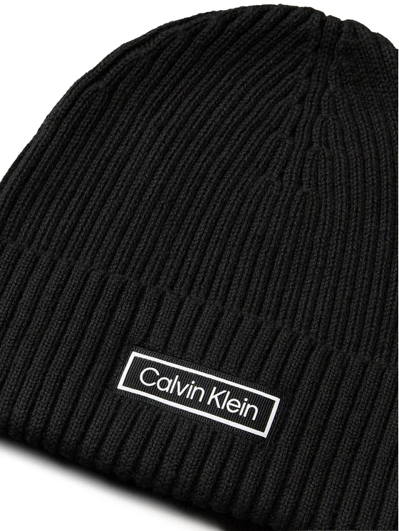 CALVIN KLEIN PATCH CHUNKY RIB COTTON BEANIE