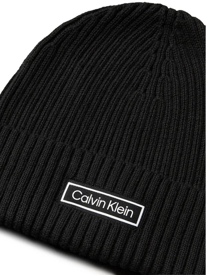 CALVIN KLEIN PATCH CHUNKY RIB COTTON BEANIE